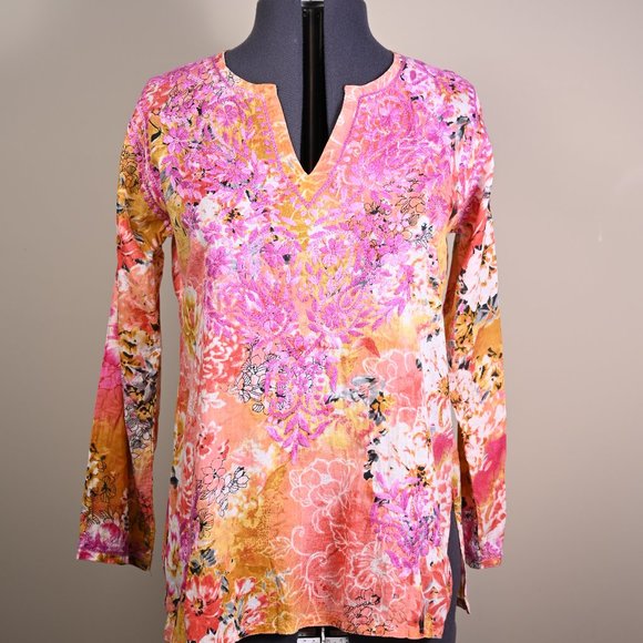 Lightweight embroidered cotton floral print tunic - Size S/M - Picture 1 of 4